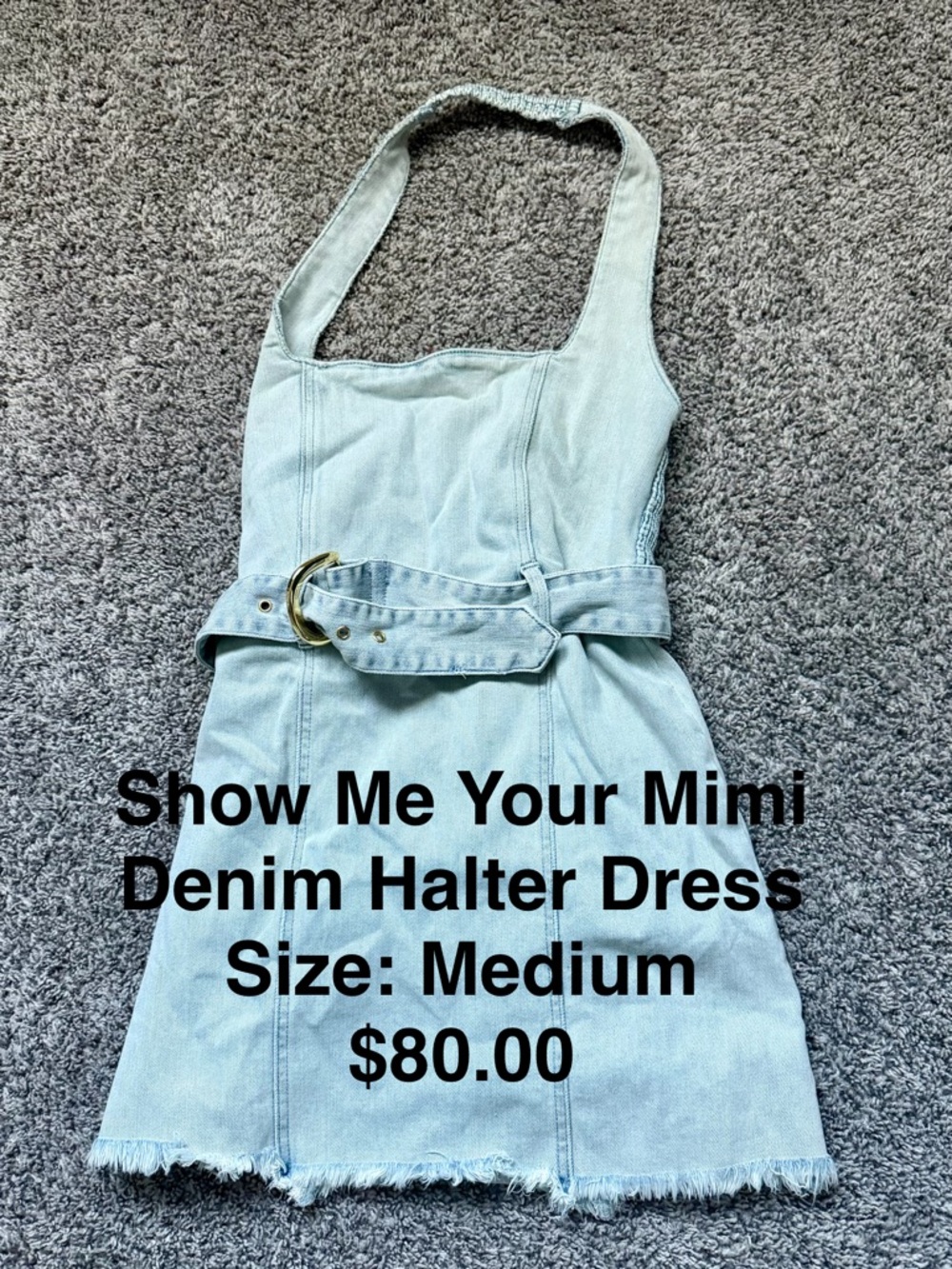 Show Me Your MuMu Light Blue Denim Halter Mini Dress with Belt